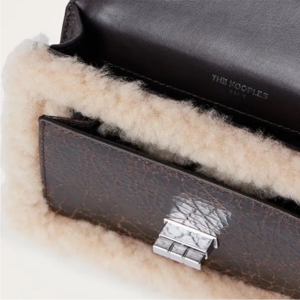 NEW The Kooples Leather Shearling Trim Emily Crossbody Chocolate Brown Purse - Picture 2 of 7